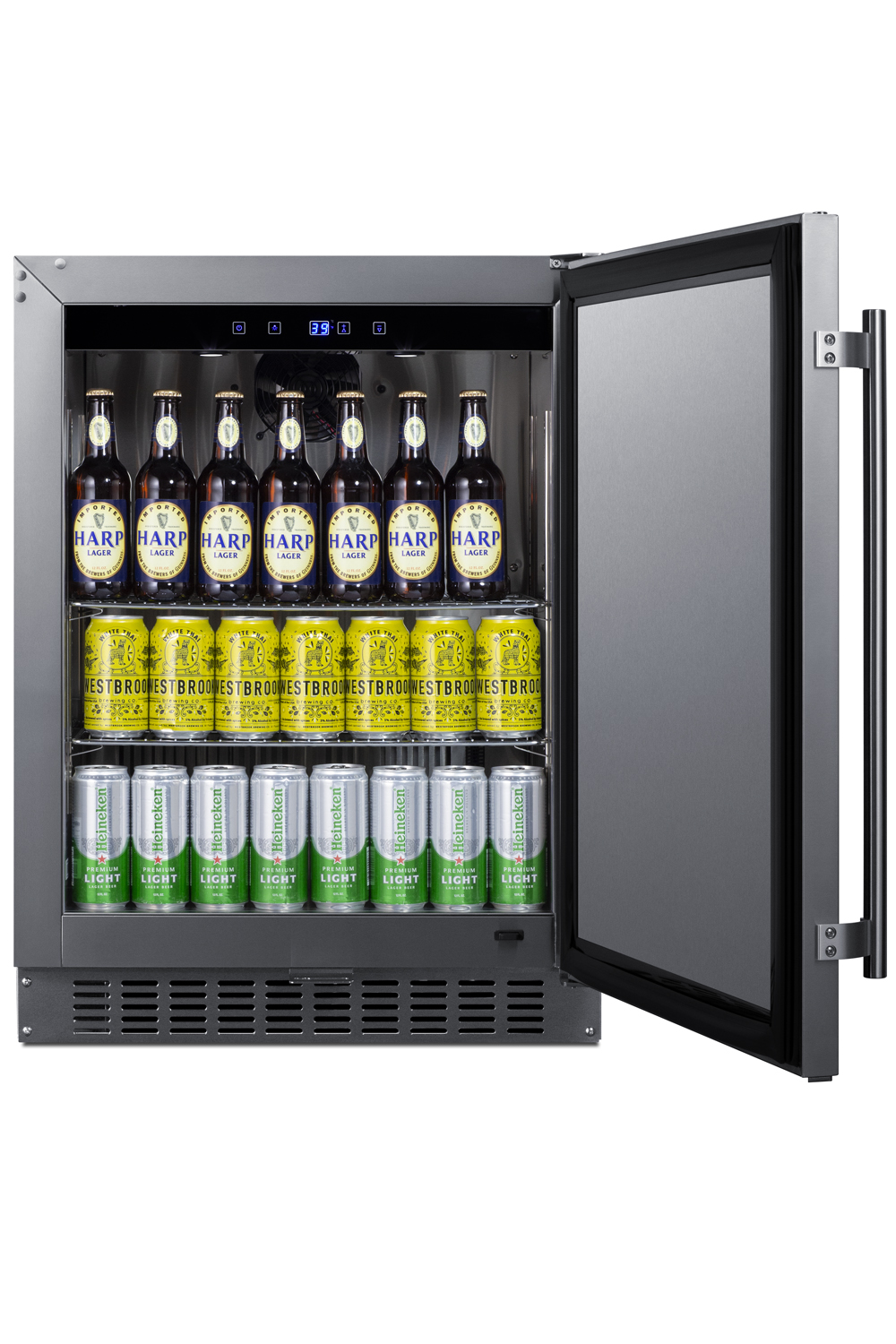 Shallow depth built-in undercounter ADA compliant all-refrigerator for outdoor use with stainless steel exterior and interior, lock, and digital controls